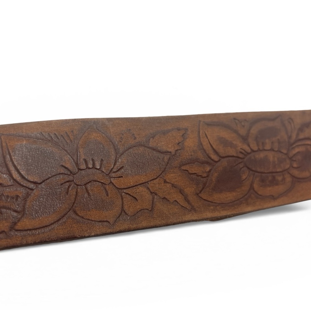 Vintage A&F patina tooledfloral genuine Leather Belt Brass Buckle western L - Picture 14 of 16